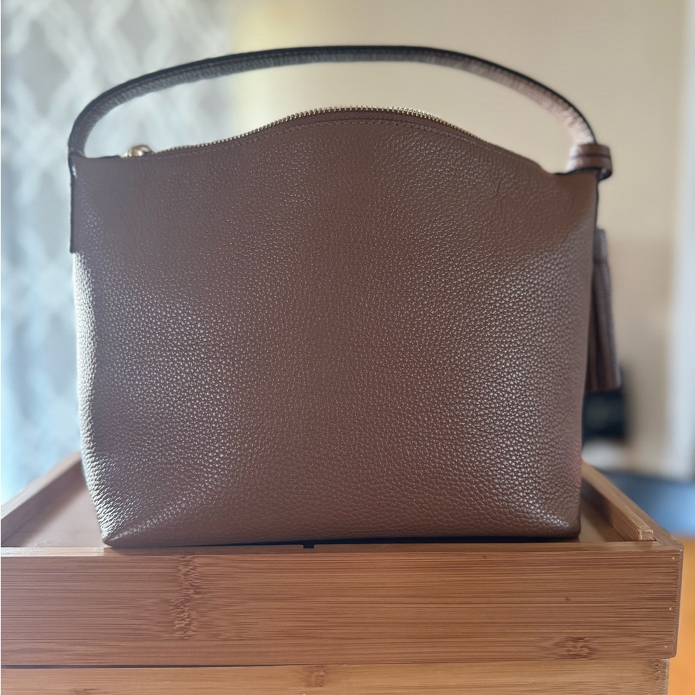 Tory Burch Brown Pebbled Leather Hobo Satchel with Tassel - Picture 3 of 9